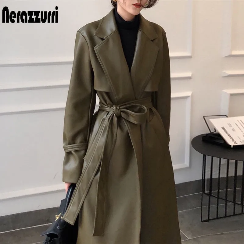 2023 Autumn long oversized leather trench coat for women 2023 long sleeve sashes Loose faux leather coats women fashion