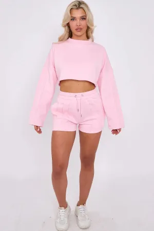 3 Seam Detail Round Neck Crop Top and Short Tracksuit Set