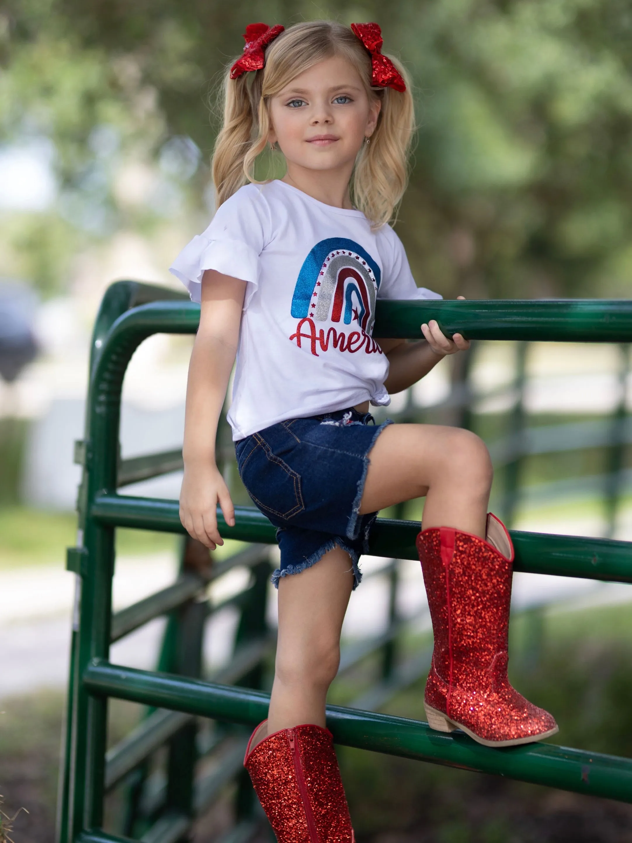 American Rainbow Sequin Denim Shorts Set