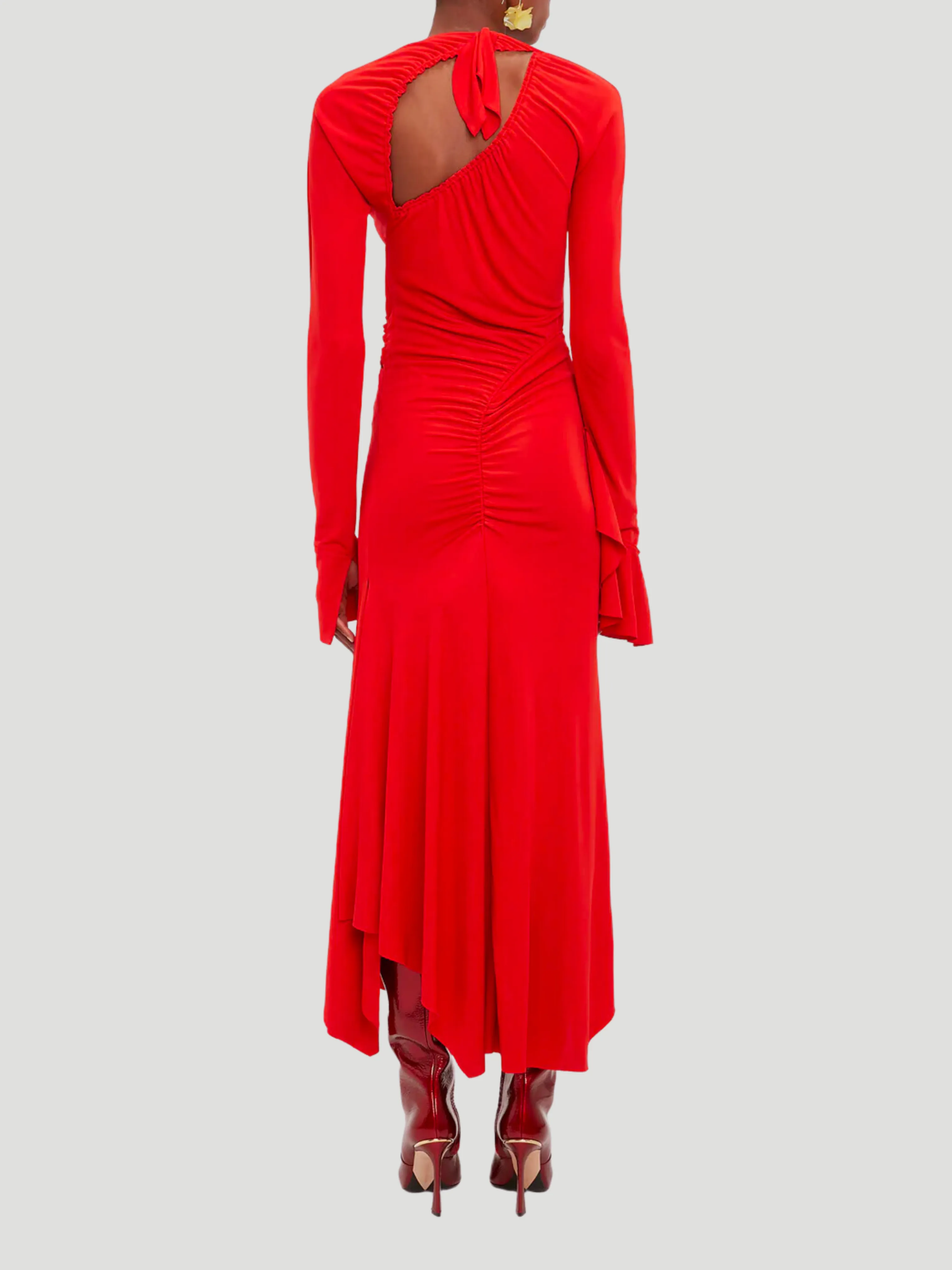 Asymmetric Slash Jersey Midi Dress in Crimson