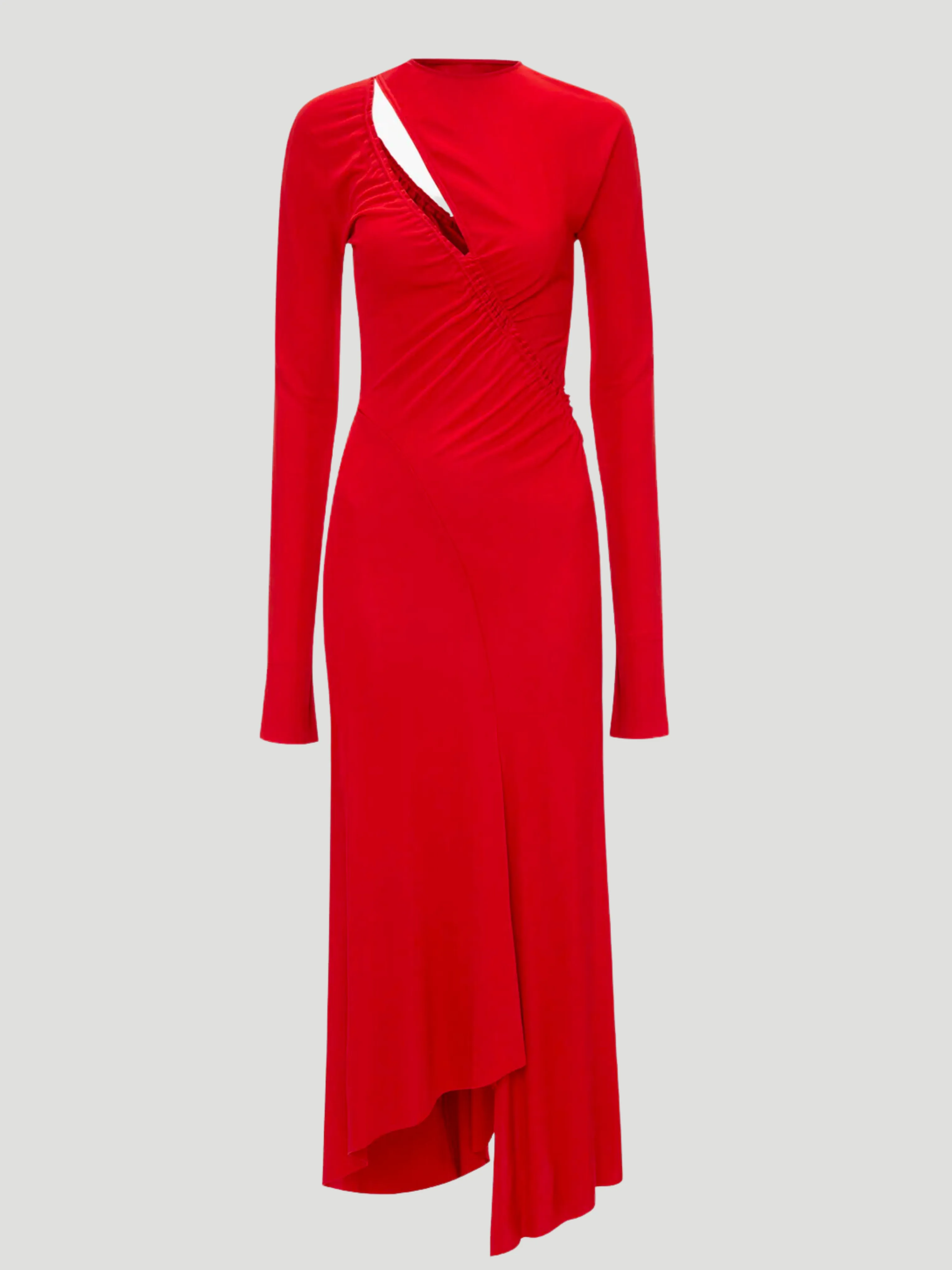 Asymmetric Slash Jersey Midi Dress in Crimson