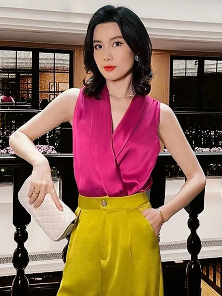 Asymmetrical Solid Shirt For Women V Neck Sleeveless Pullover Sexy Elegant Blouse Summer Female Fashion Clothing