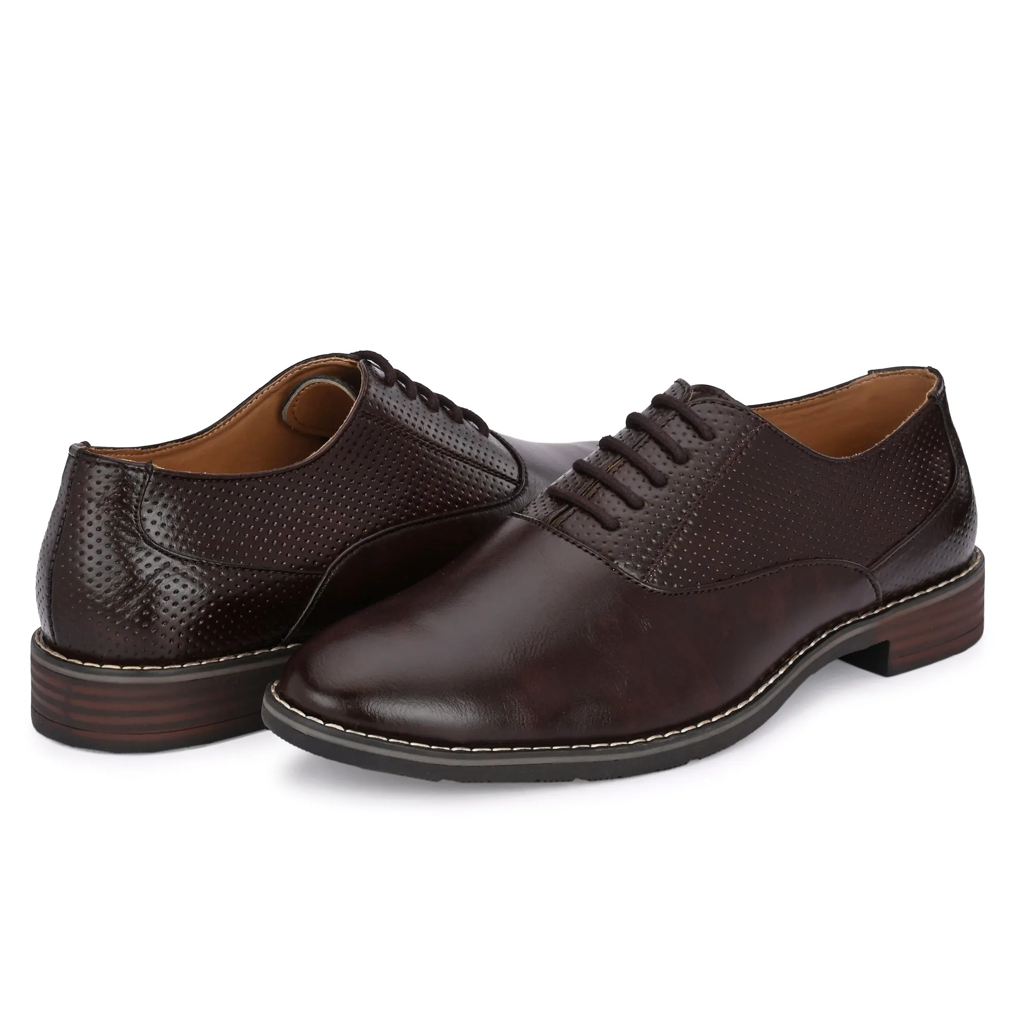 Attitudist Unisex Handcrafted Oxford Brown Formal Laceup Derby Shoes With Dotted Texture