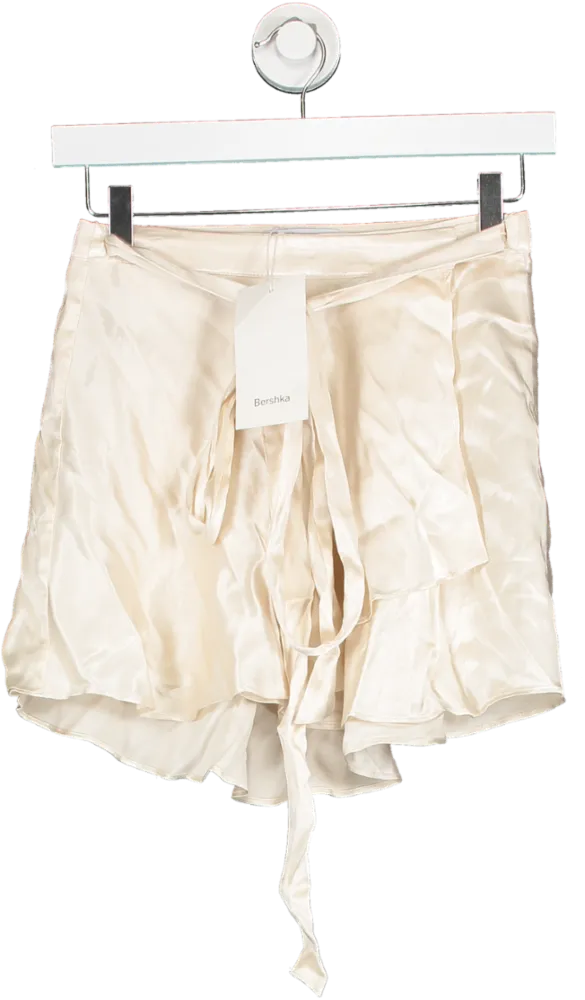 Bershka Nude Satin Mini Wrap Skirt In Ecru UK XS