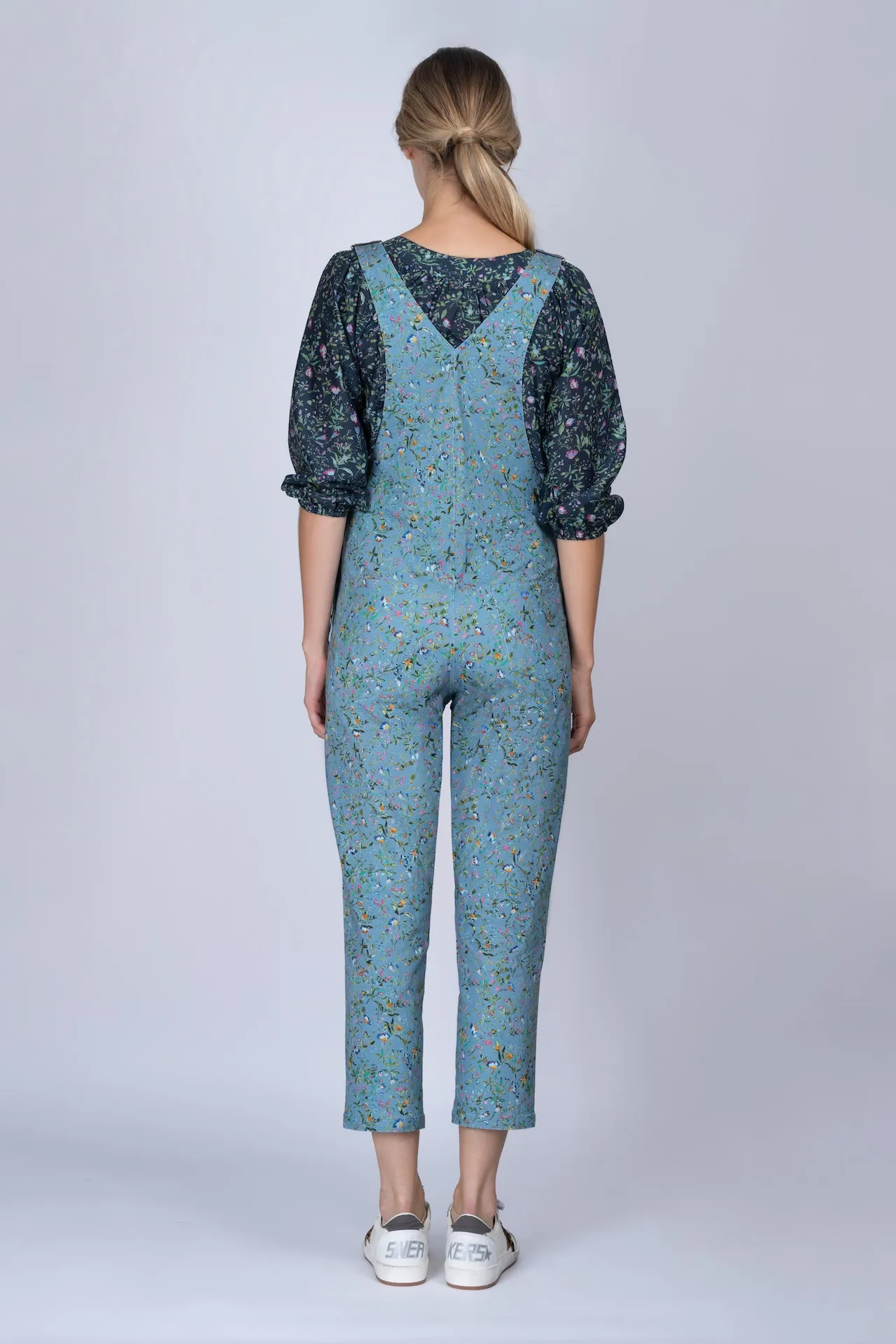 Blue Botanical-print stretch Meggi dungarees