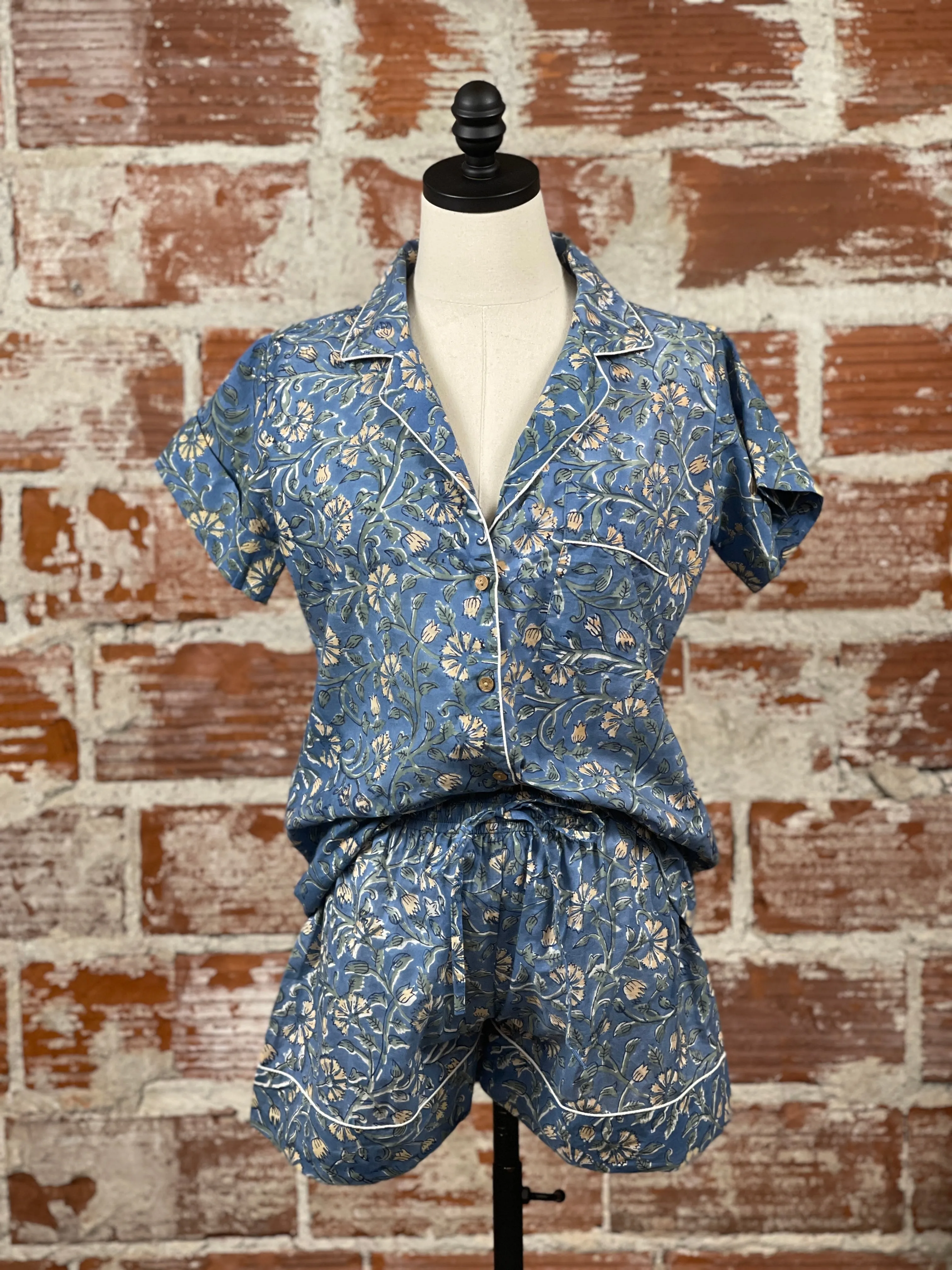 Blue Floral Short Sleeve Pajama Set with Shorts