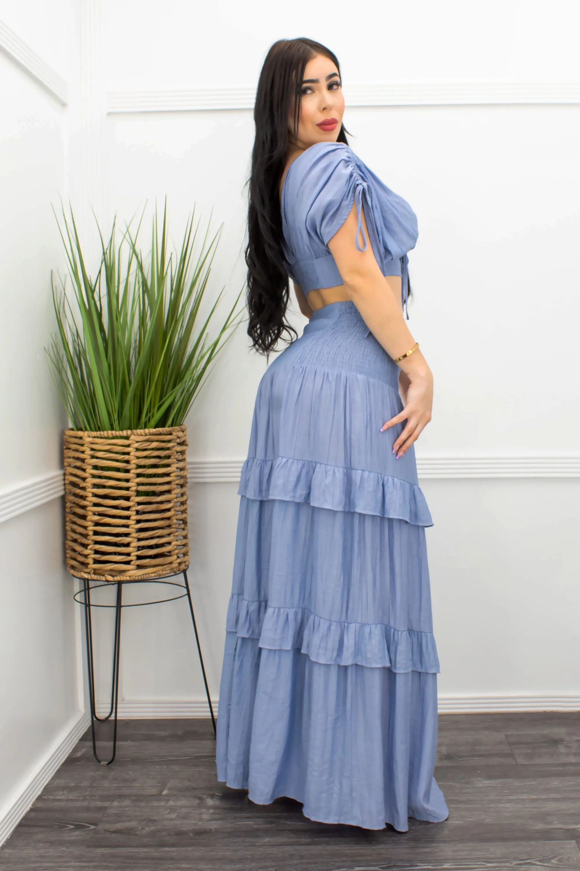 Blue S S Crop Top Ruffled Maxi Skirt Set