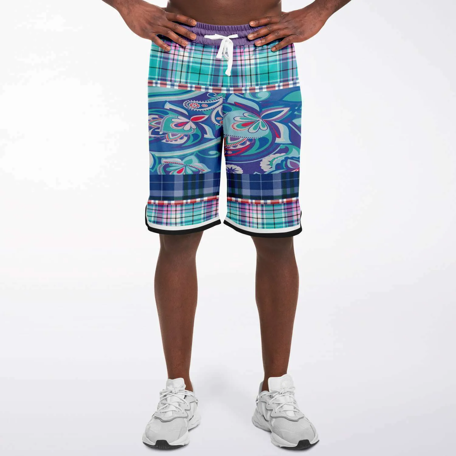 Cerulean Plaid Paisley Basketball Shorts