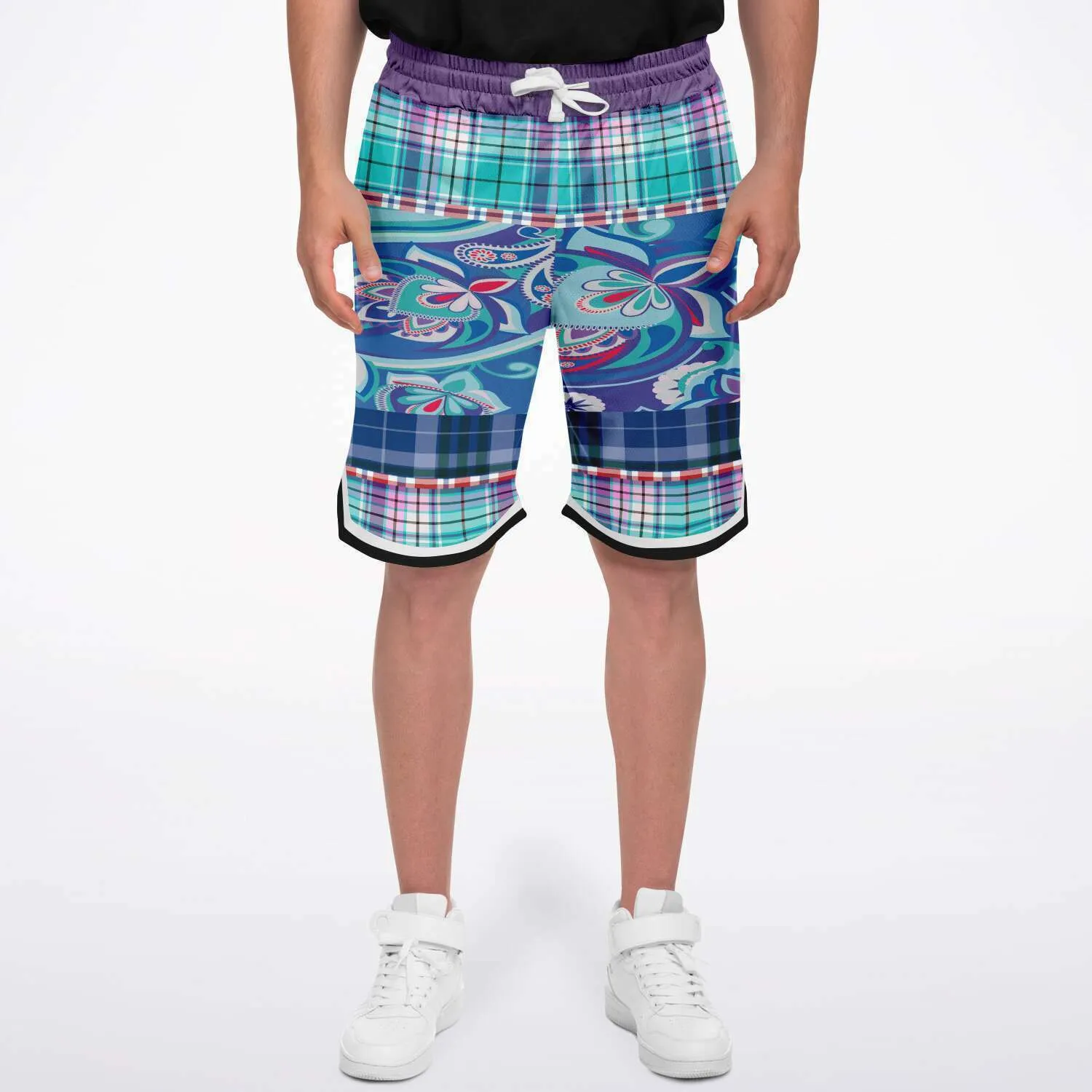 Cerulean Plaid Paisley Basketball Shorts