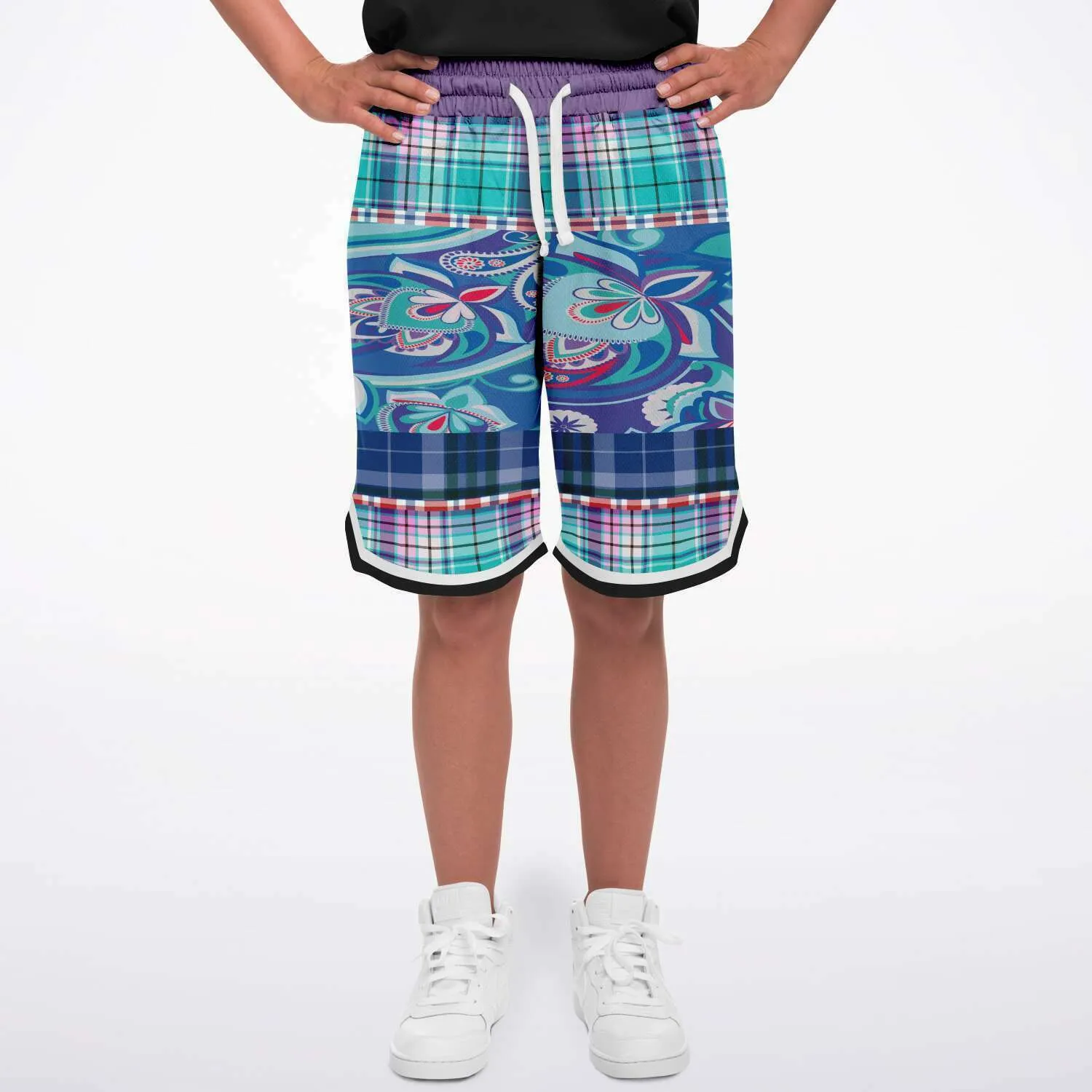 Cerulean Plaid Paisley Basketball Shorts