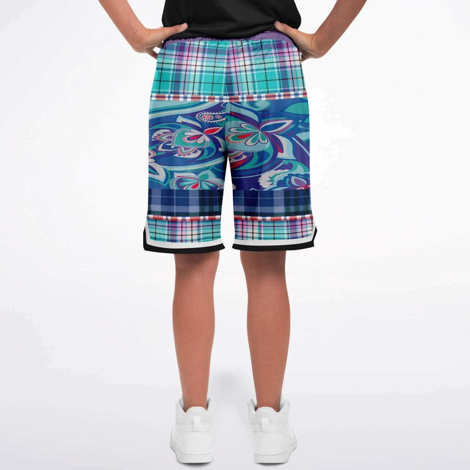 Cerulean Plaid Paisley Basketball Shorts