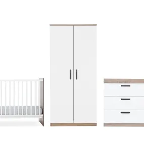 CuddleCo Enzo 3pc Set 3 Drawer Dresser, Cot Bed and Wardrobe - Truffle Oak/White