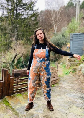 DESERT FOX 70's Blue & Orange Floral Long Length Dungarees Jumpsuit - UK SIZES 6-24