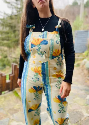 DESERT FOX Blue and Yellow Flower Print Long Length Dungarees Jumpsuit - UK SIZES 6-24