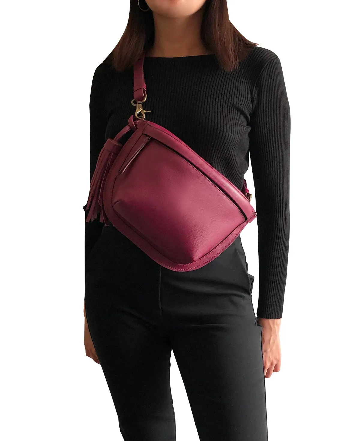 Fuchsia Magenta Leather Sling Bag Crossbody