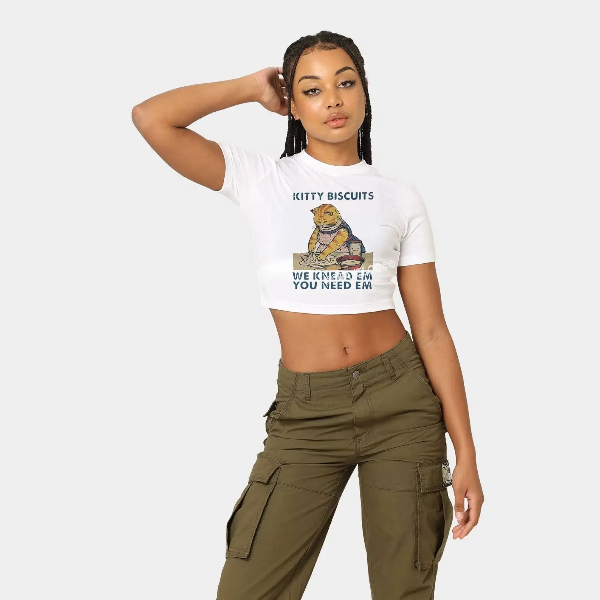 Funny Kitty Biscuits  Cropped T-Shirt, crop top, y2k aesthetic, y2k clothes, y2k aesthetic top, collared shirt