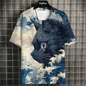 Funny Samurai Cat Print T Shirt For Men Hip Hop Trend Harajuku Japan Clothing Casual O-neck Short Sleeve Tops Summer Loose Tees