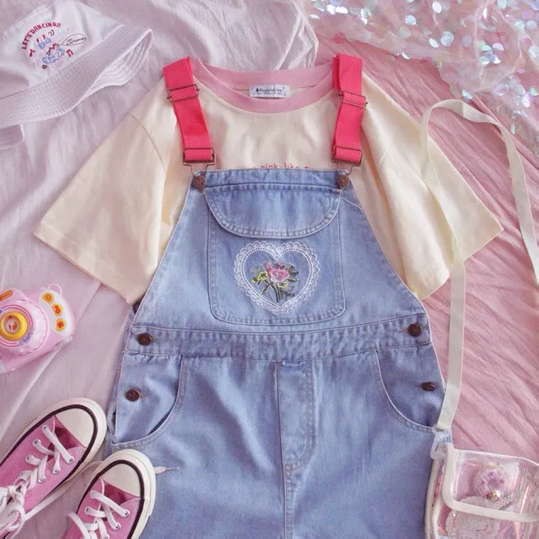 JAPANESE CUTE FLOWER EMBROIDERY DENIM OVERALLS SHORTS BY60002