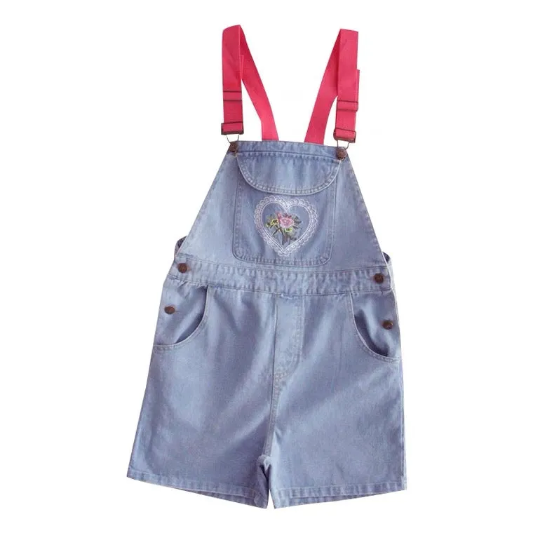 JAPANESE CUTE FLOWER EMBROIDERY DENIM OVERALLS SHORTS BY60002