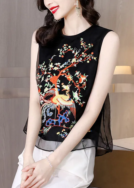 Loose Black O-Neck Embroidered Tulle Tank Sleeveless QA1068