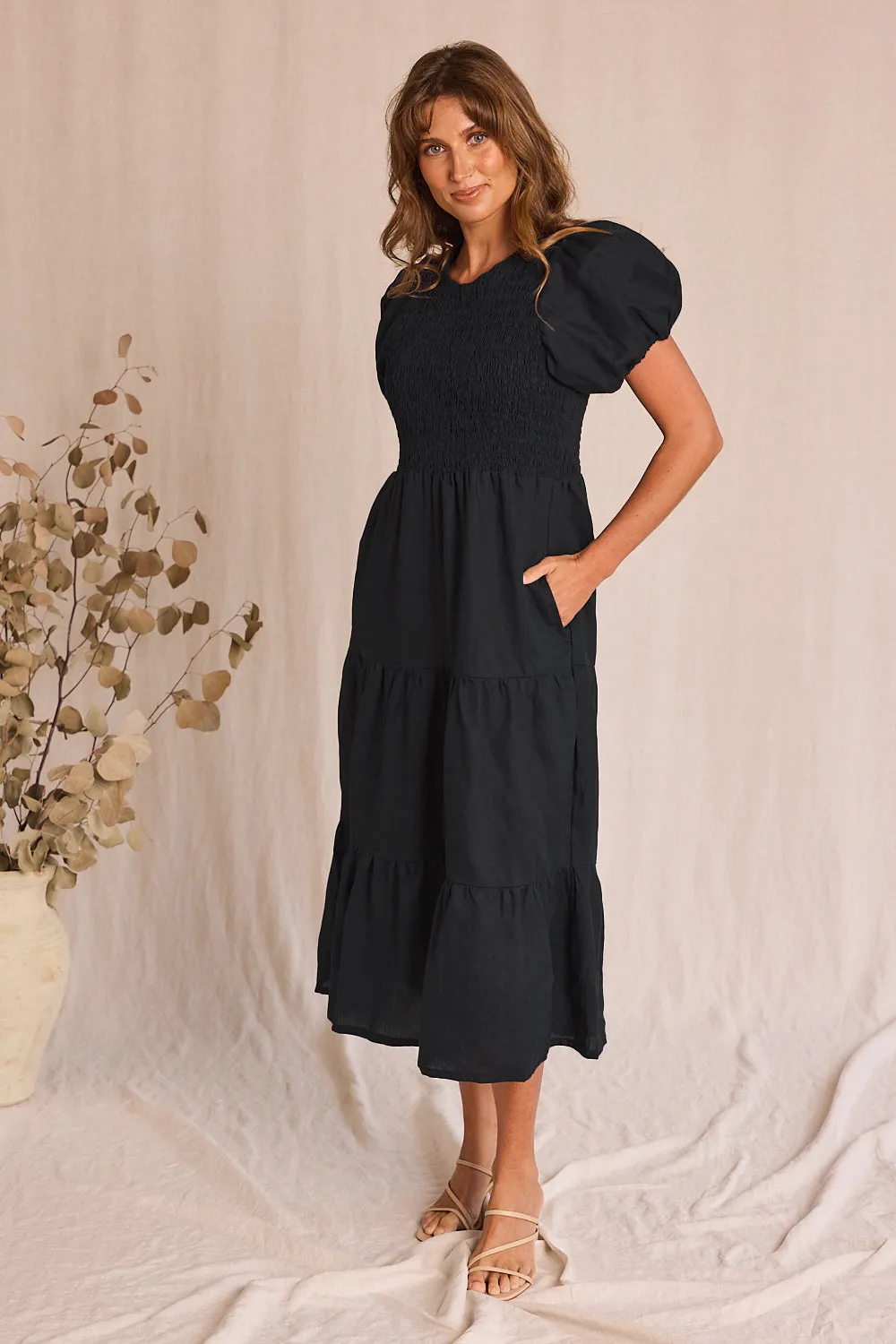 Minden Linen Shirred Short Sleeve Dress in Black