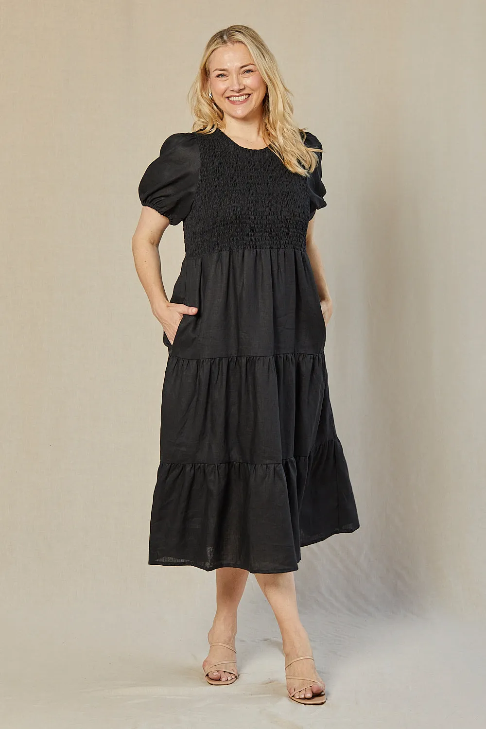 Minden Linen Shirred Short Sleeve Dress in Black