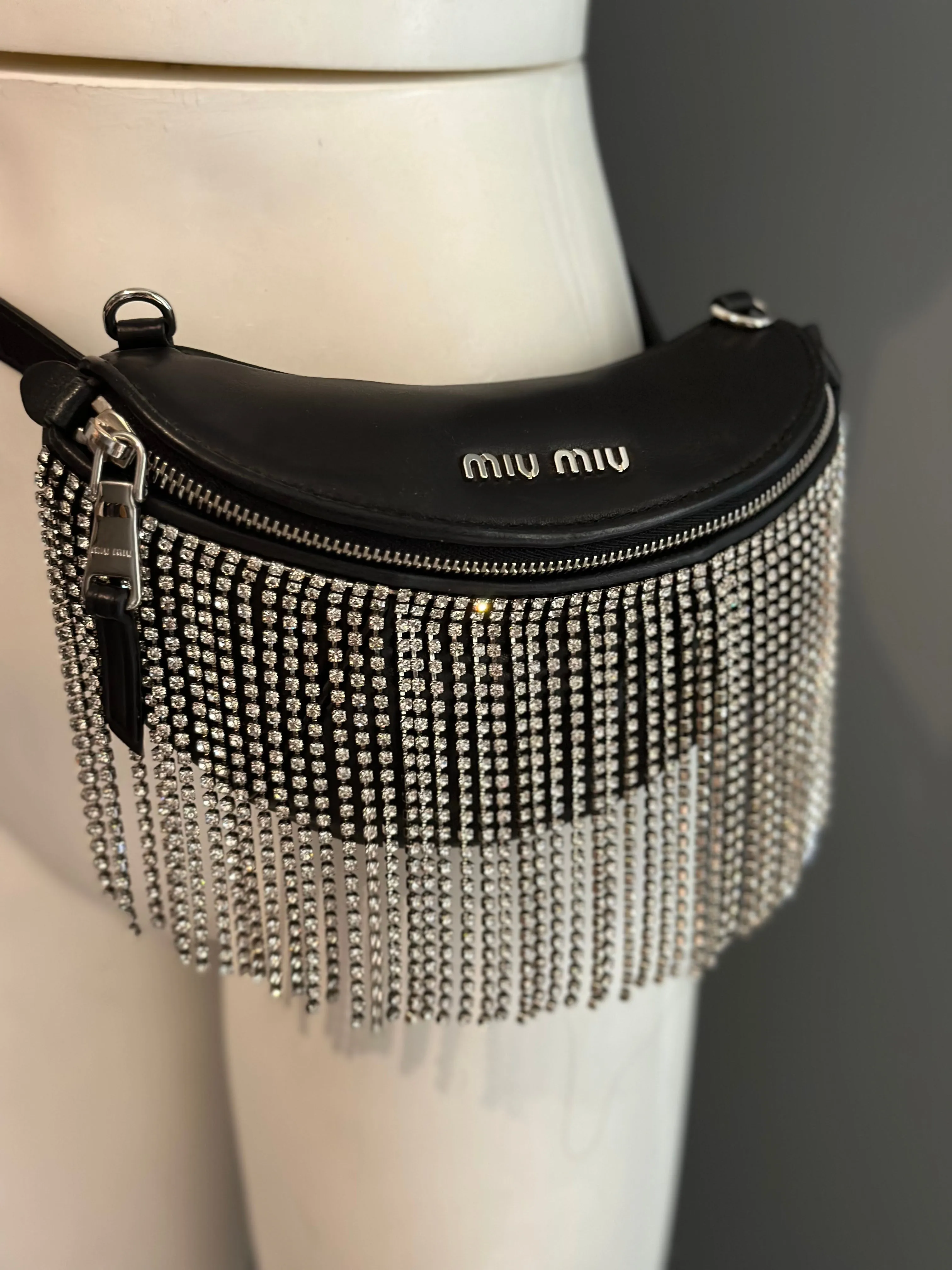 MIU MIU - Black Crystal Fringes Fanny Pack bag