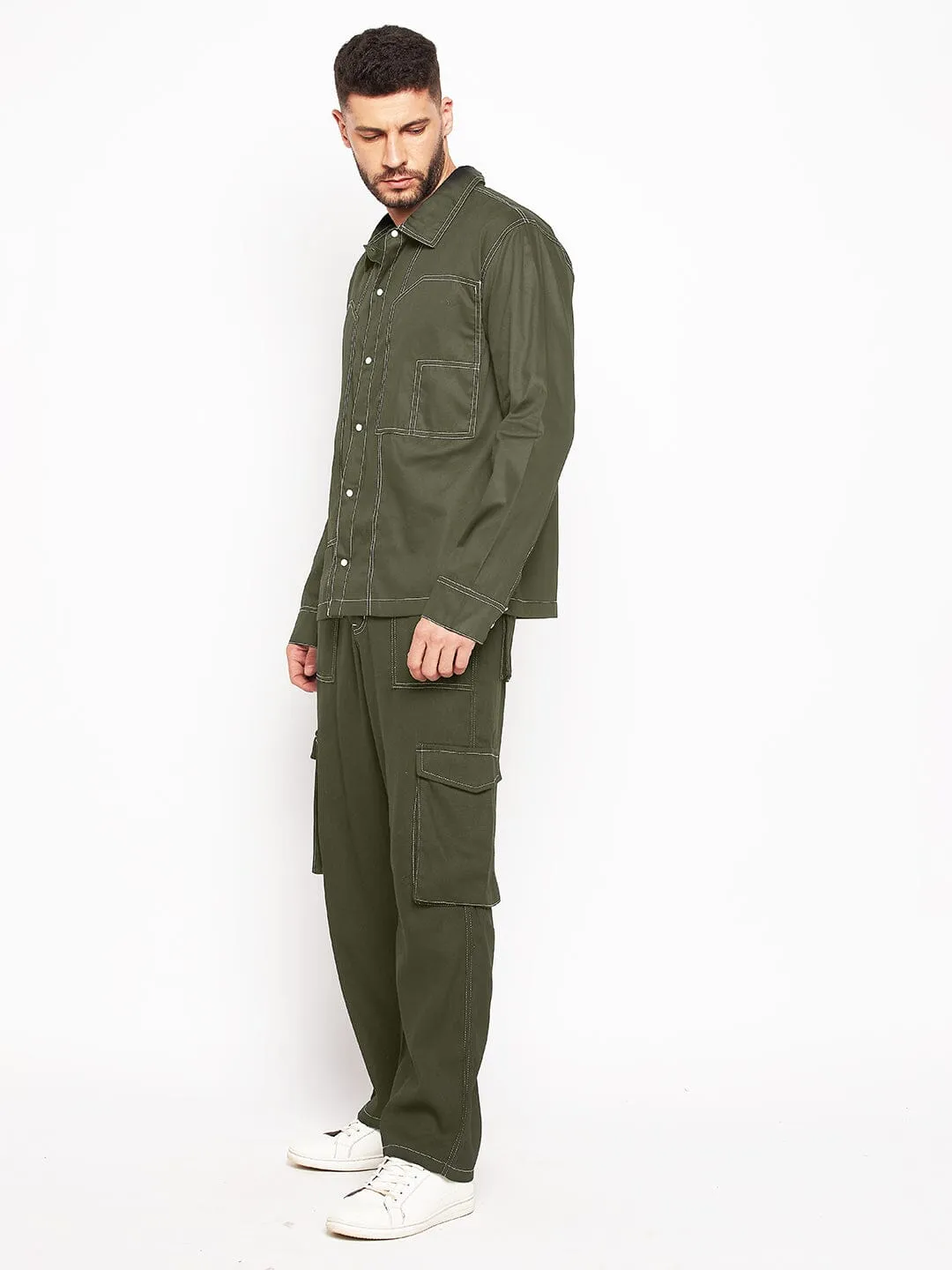 Olive Contrast Stitch Shirt and Cargo Pants Clothing Set