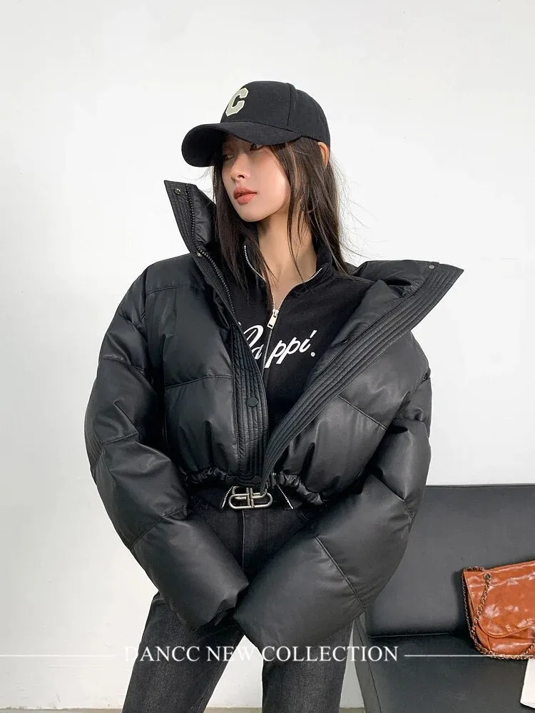 Punk Biker Women Pu Puffy Coat Winter Casual Thick Warm Lady Long Sleeve Loose Cotton Down Coats