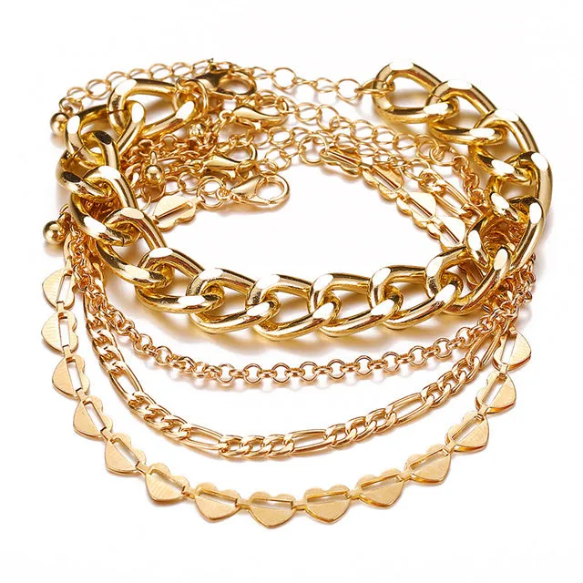 Punk Gold Multilayer Lock Crystal Chain Boho Bracelets Set