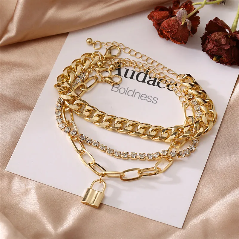 Punk Gold Multilayer Lock Crystal Chain Boho Bracelets Set