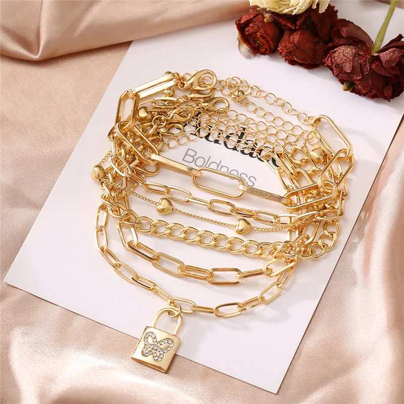 Punk Gold Multilayer Lock Crystal Chain Boho Bracelets Set