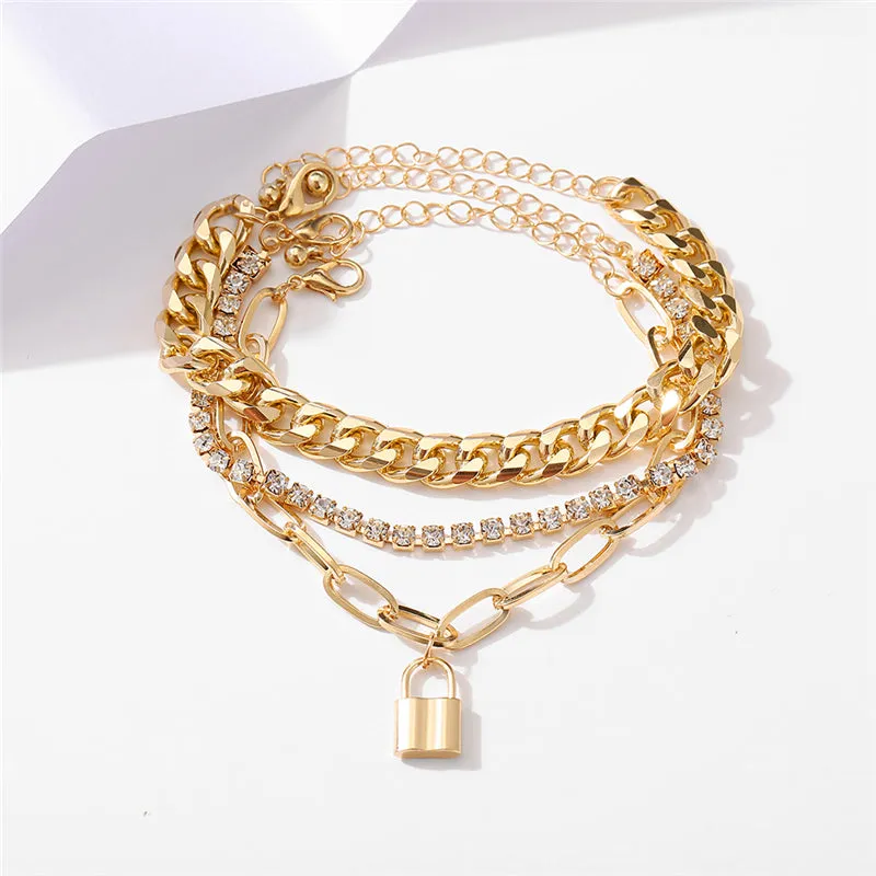 Punk Gold Multilayer Lock Crystal Chain Boho Bracelets Set