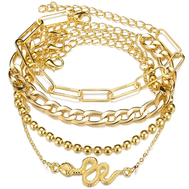 Punk Gold Multilayer Lock Crystal Chain Boho Bracelets Set