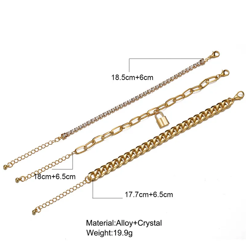 Punk Gold Multilayer Lock Crystal Chain Boho Bracelets Set