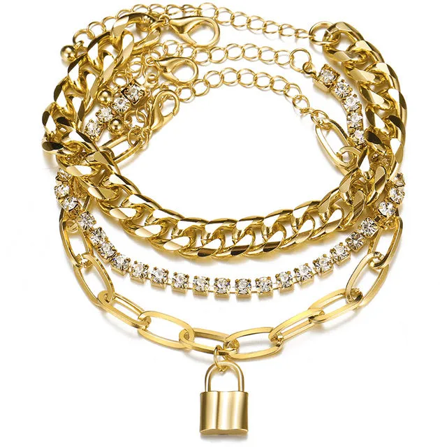 Punk Gold Multilayer Lock Crystal Chain Boho Bracelets Set