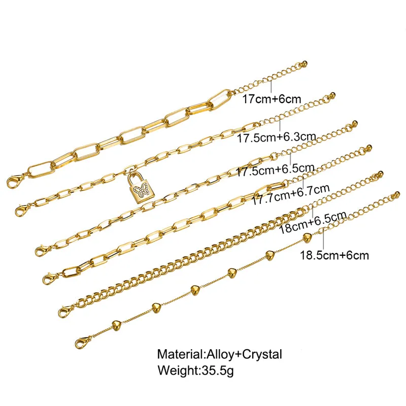 Punk Gold Multilayer Lock Crystal Chain Boho Bracelets Set