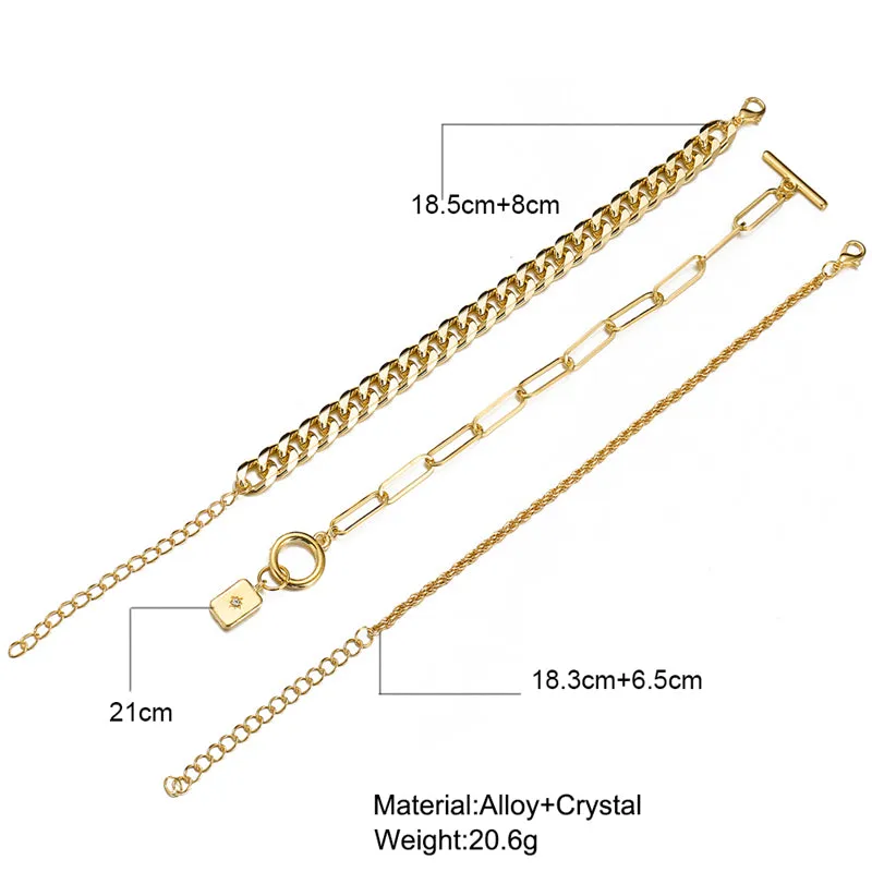 Punk Gold Multilayer Lock Crystal Chain Boho Bracelets Set