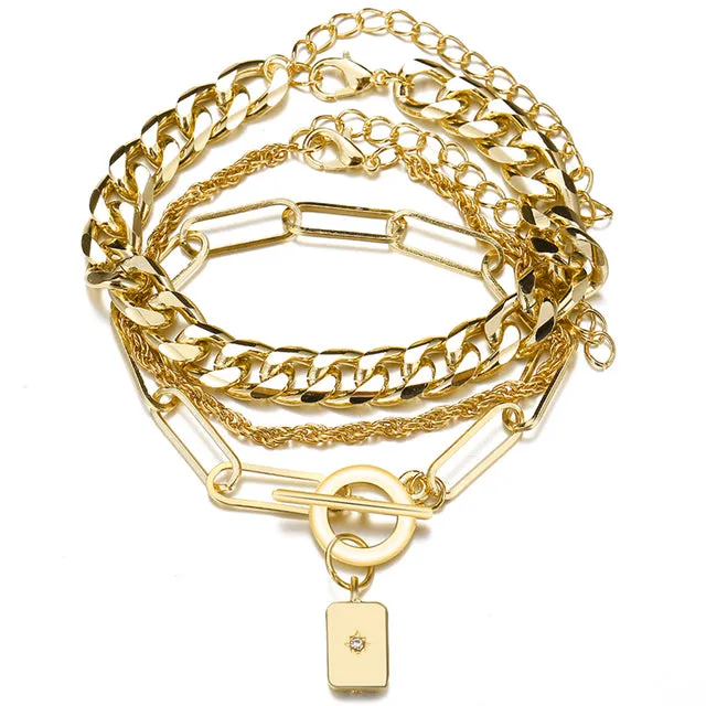 Punk Gold Multilayer Lock Crystal Chain Boho Bracelets Set