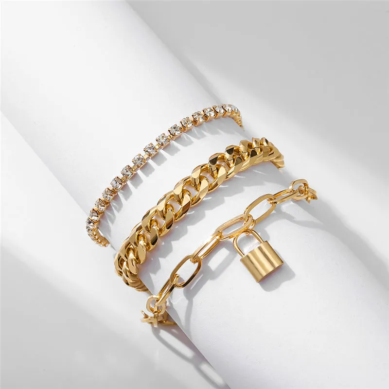 Punk Gold Multilayer Lock Crystal Chain Boho Bracelets Set