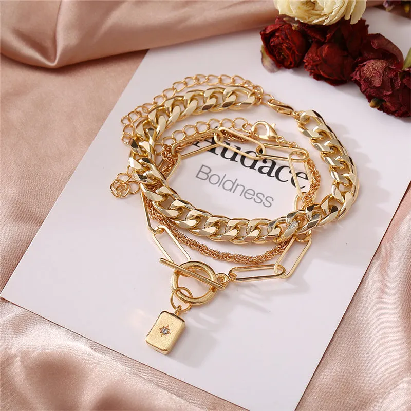 Punk Gold Multilayer Lock Crystal Chain Boho Bracelets Set