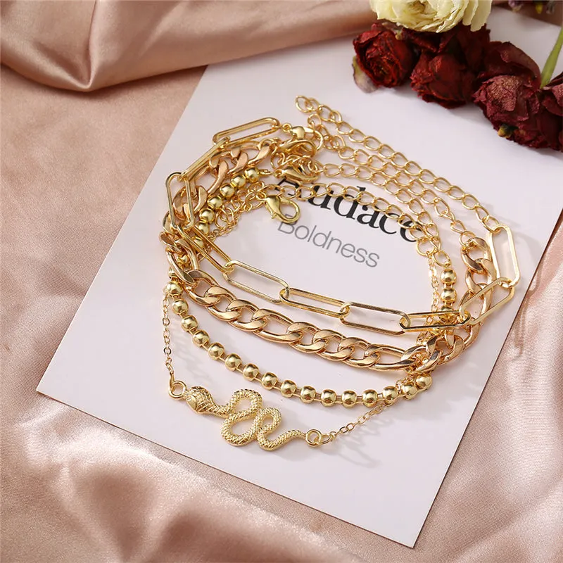 Punk Gold Multilayer Lock Crystal Chain Boho Bracelets Set