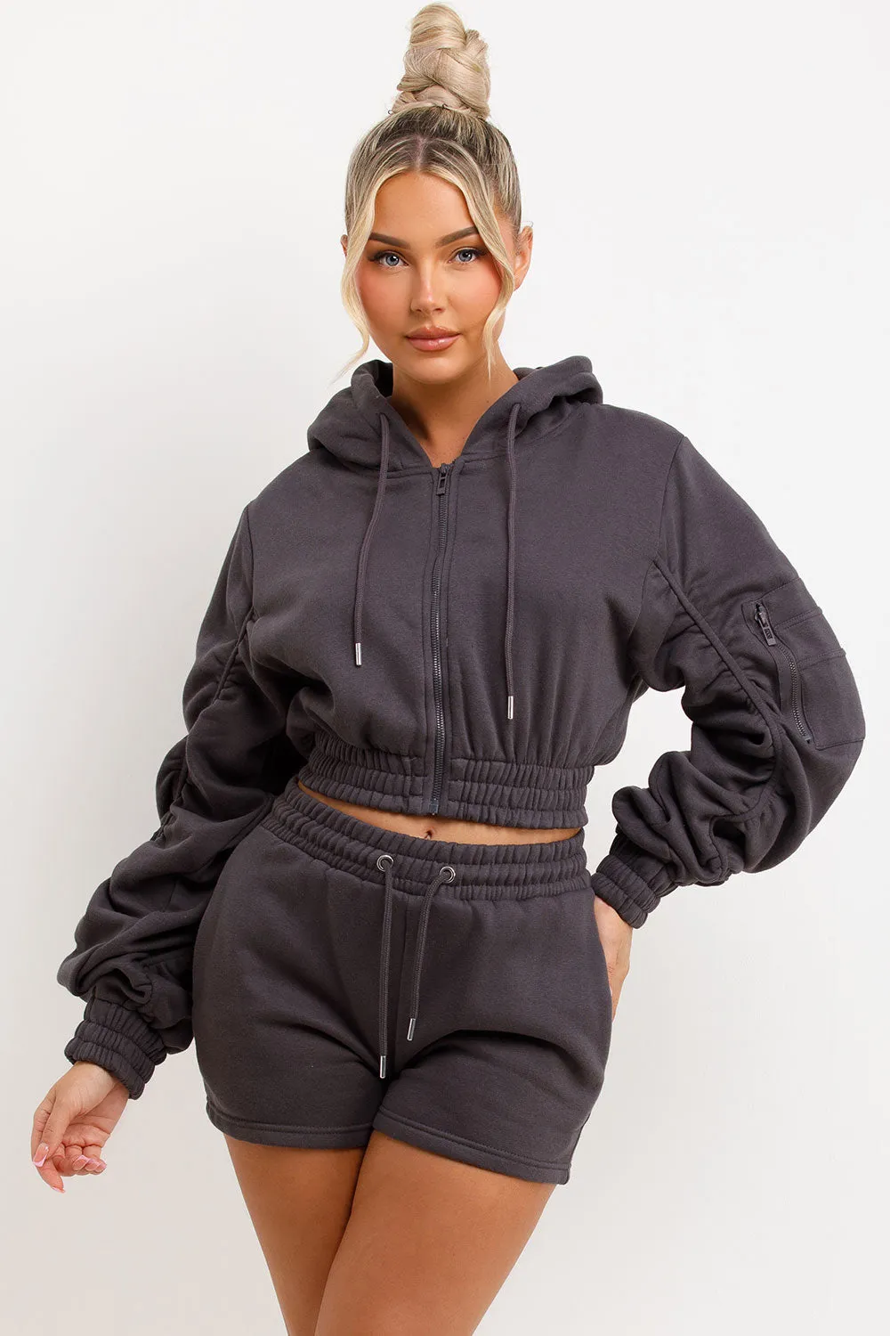 Ruched Sleeves Crop Hoodie And Short Tracksuit Co-ord Set