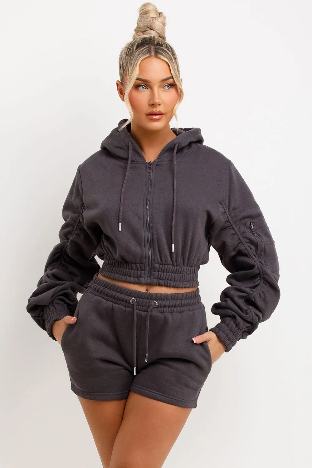 Ruched Sleeves Crop Hoodie And Short Tracksuit Co-ord Set