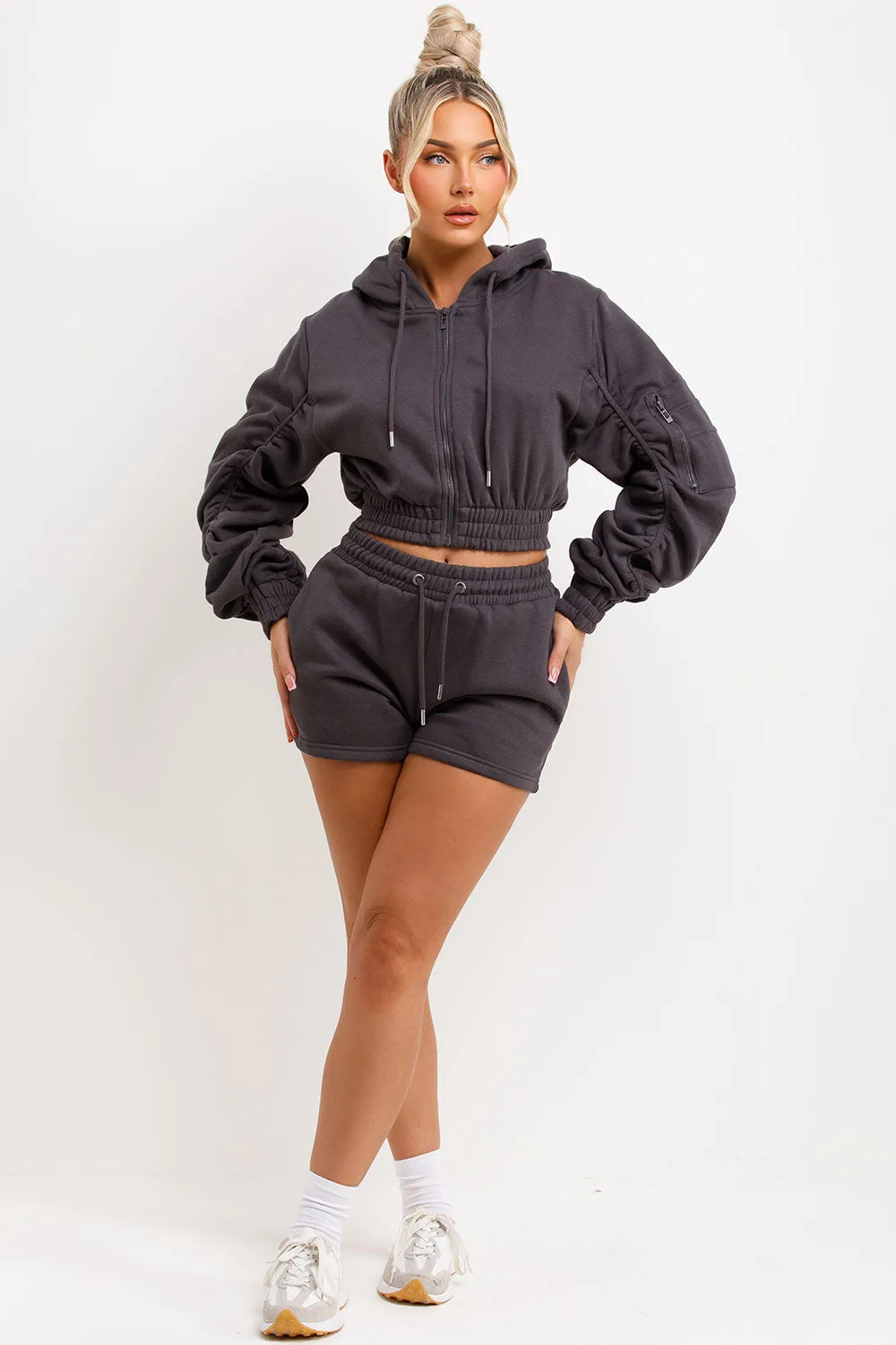 Ruched Sleeves Crop Hoodie And Short Tracksuit Co-ord Set