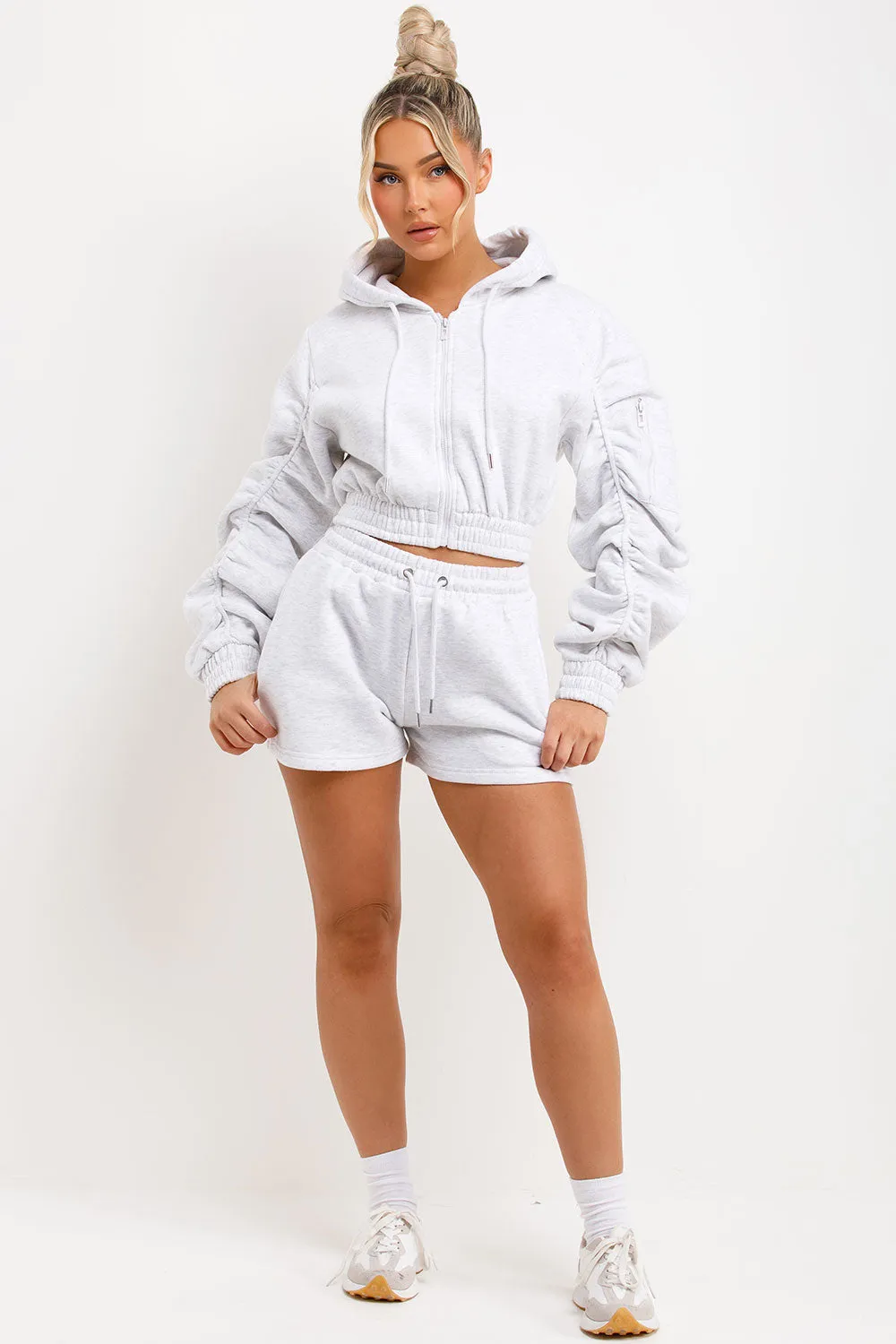 Ruched Sleeves Crop Zip Hoodie and Short Tracksuit Co-ord Set