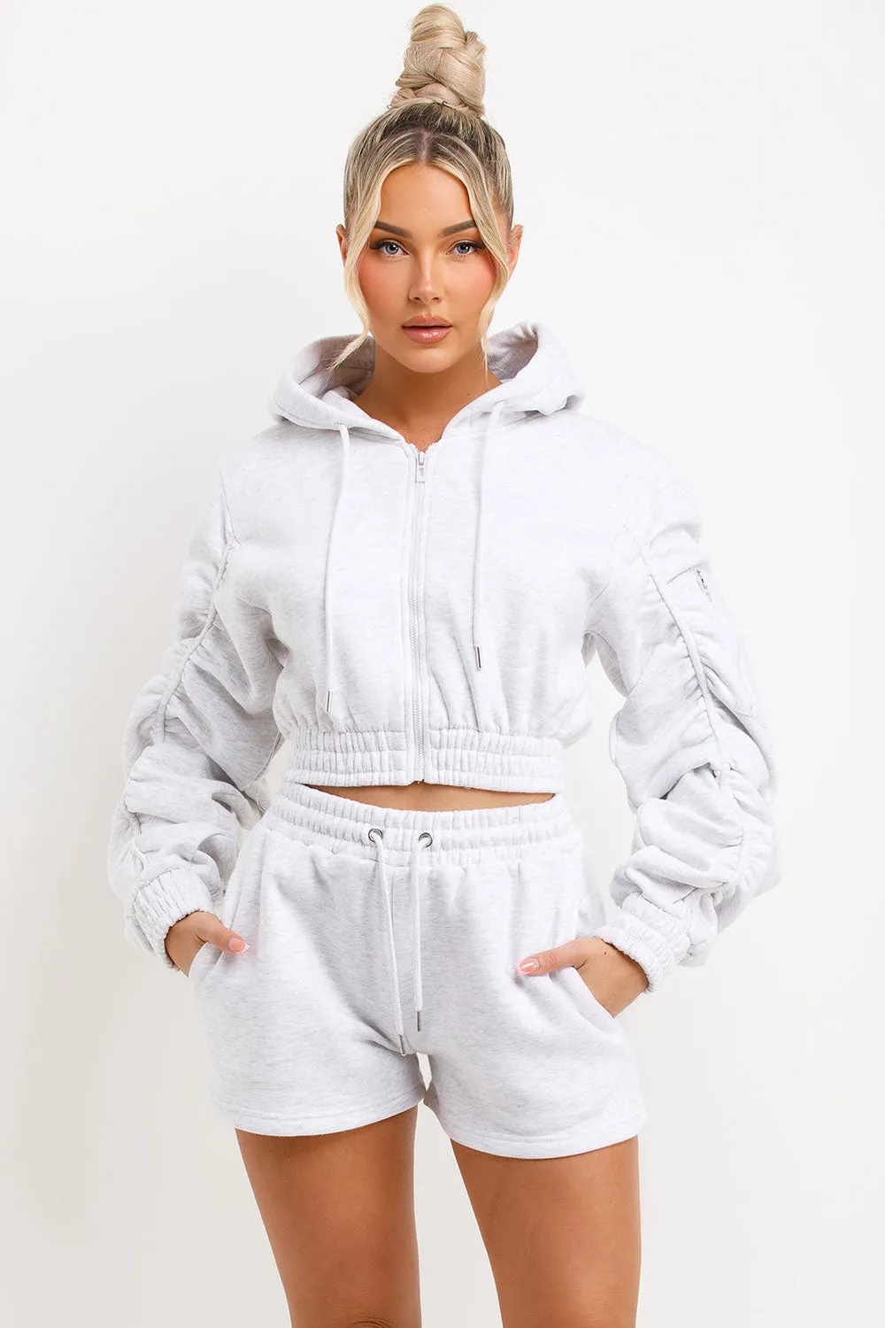 Ruched Sleeves Crop Zip Hoodie and Short Tracksuit Co-ord Set