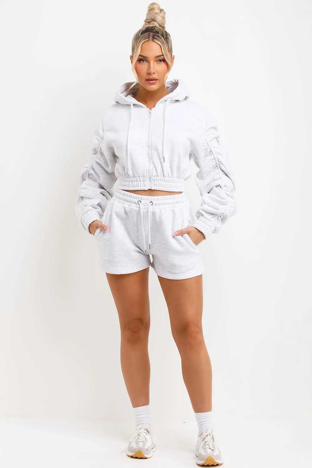 Ruched Sleeves Crop Zip Hoodie and Short Tracksuit Co-ord Set