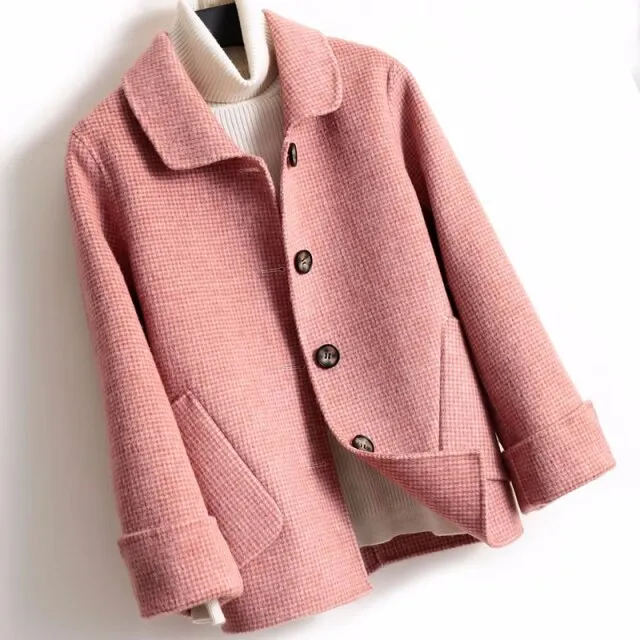 Short Plaid  Wool Coat Women New Single Breasted Turn-down Collar pocket Winter Pure Wool Jacket Female Casaco Feminino