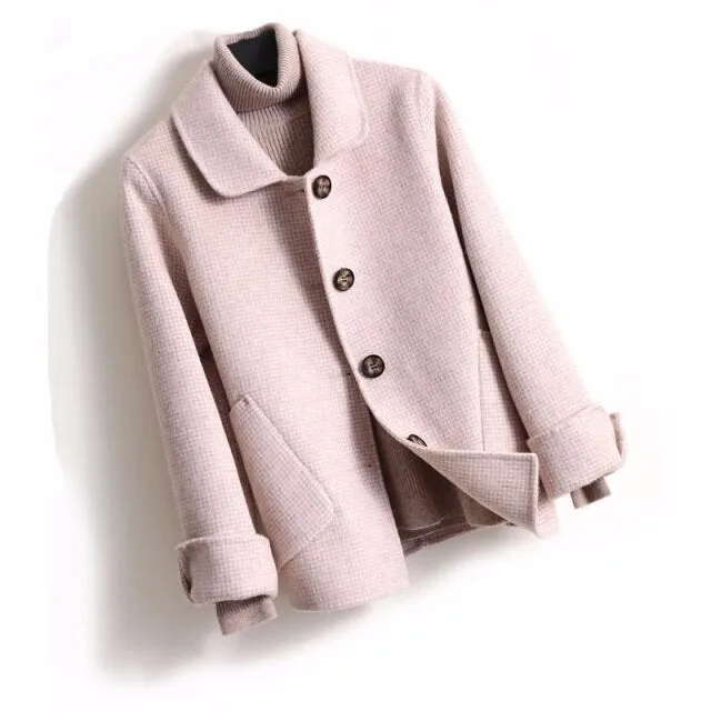 Short Plaid  Wool Coat Women New Single Breasted Turn-down Collar pocket Winter Pure Wool Jacket Female Casaco Feminino